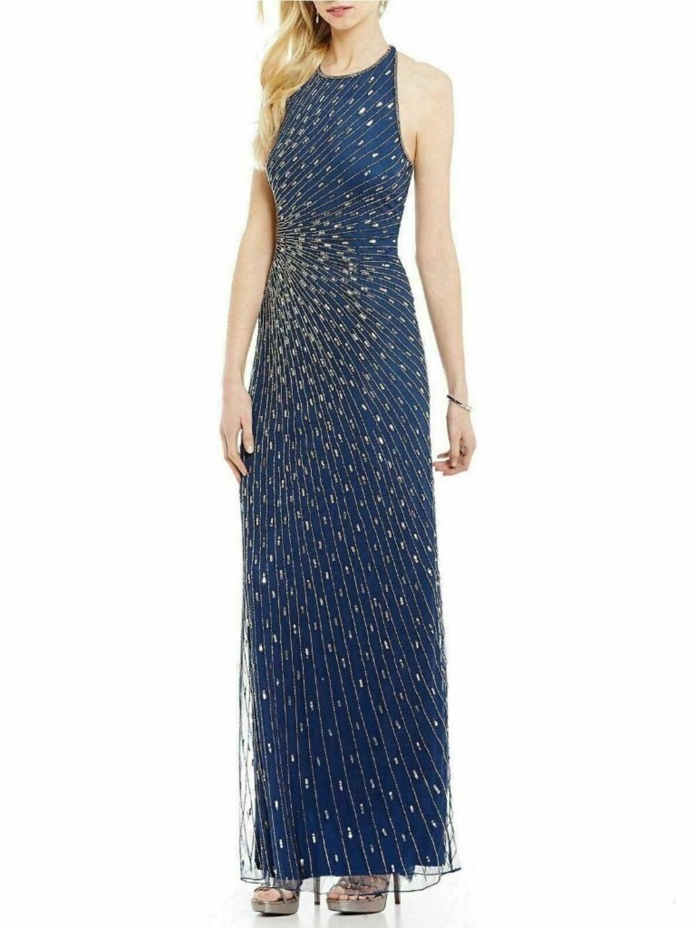 Adrianna Papell navy blue beaded halter gown, size 6